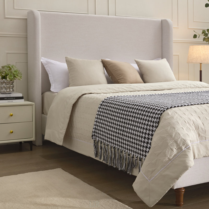 Hayden Upholstered Wingback Queen Bed With 54 Inch Tall Headboard, Textured Ivory Canvas, Elegant Simplicity, Easy Assembly