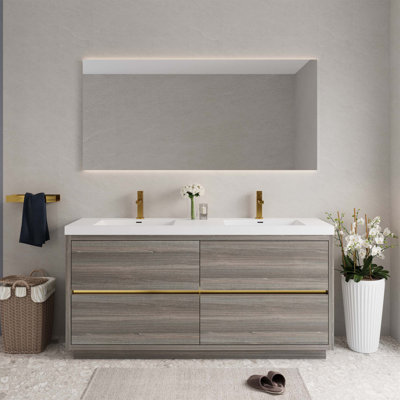 Meuble-lavabo autoportant avec lavabo, armoire de rangement pour salle de bain avec comptoir et tiroirs à fermeture en douceur, idéal pour organiser vos essentiels de salle de bain