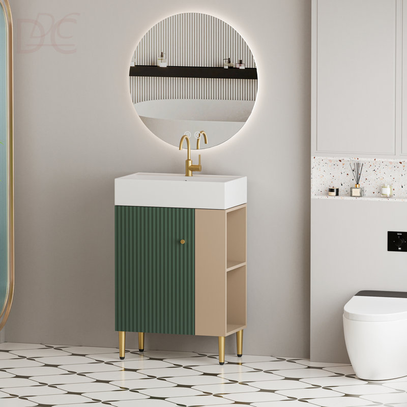 Meuble-lavabo à tablettes ouvertes de 21,6 po avec lavabo en céramique et porte à fermeture en douceur, armoire de rangement pour vestiaire sur le côté droit, assemblage requis, finition verte