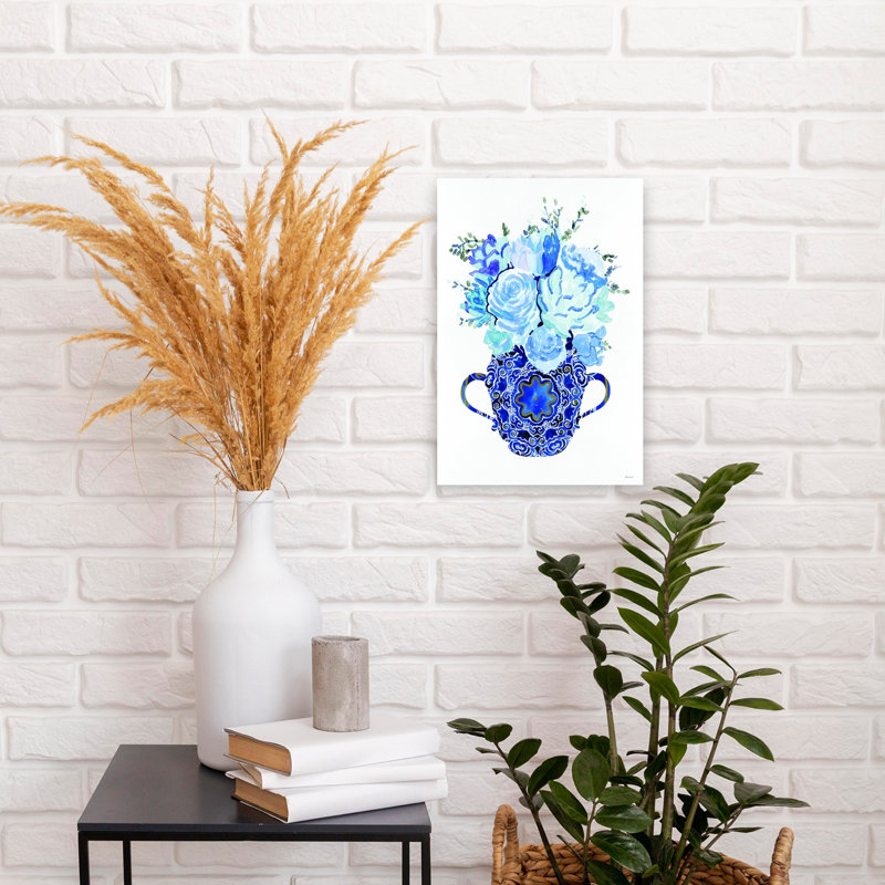 Delft Blue Blooms Abstract Contemporary Peony Rose Landscape Nature Wall Art Print, 45.72cm H x 30.48cm W