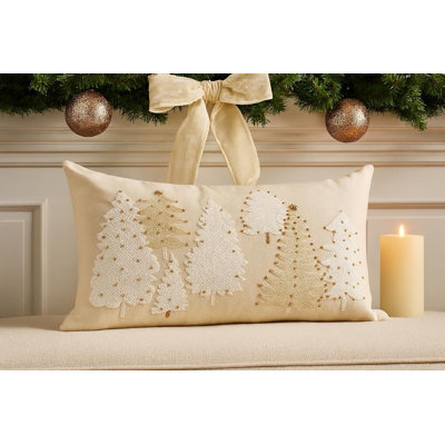 White Embroidery Christmas Tree Haliday Decorative Throw Pillow 12" X 20"