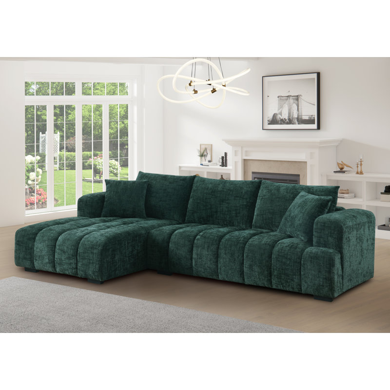 Modern Tufted Sectional Right-chaise Sofa , Chenille vert foncé, Orienté à gauche (vu de face)