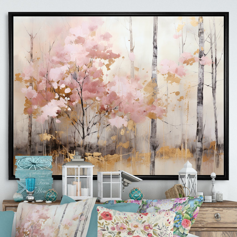 «Minimalisme rose et forêt dorée», reproduction sur toile, H 12 po x l 20 po x P 1 po, Cadre flottant noir