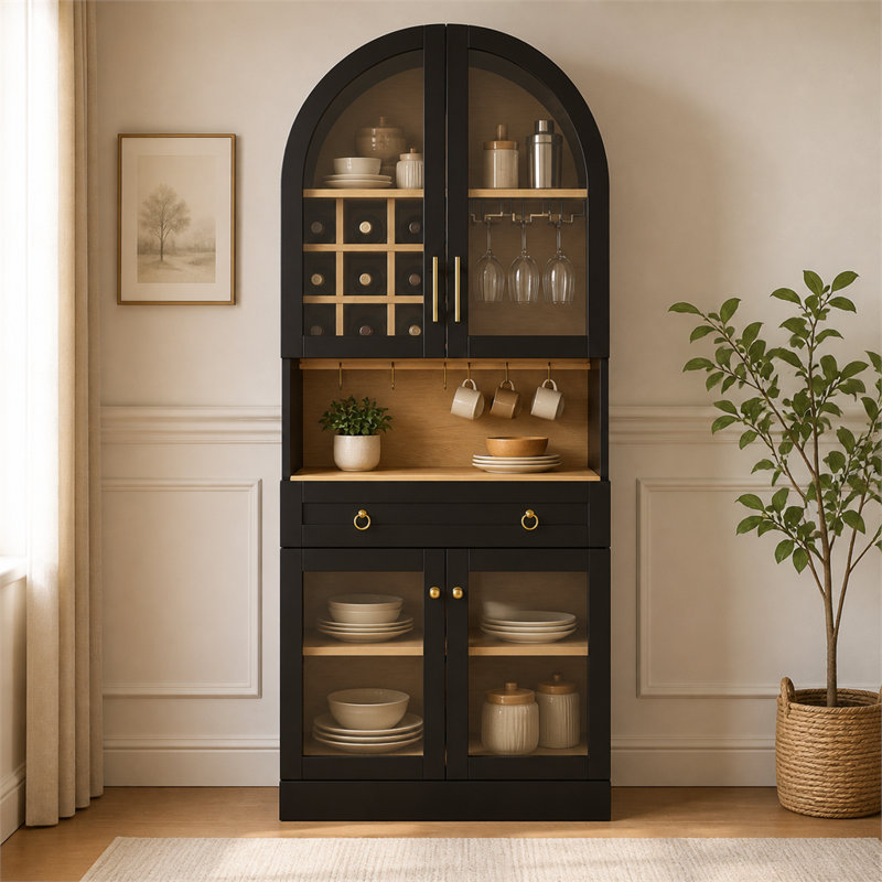 Meuble bar/cave à vin noir arqué de style milieu du siècle, 70 pouces – Portes en verre trempé, emplacements pour bouteilles, porte-verres à pied, crochets et tiroirs