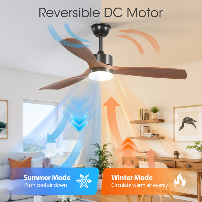 52" 3-blade Solid Wood Propeller Ceiling Fan With Remote Control And Dimmable Led Light Kit Included, Reversible Dc Motor
