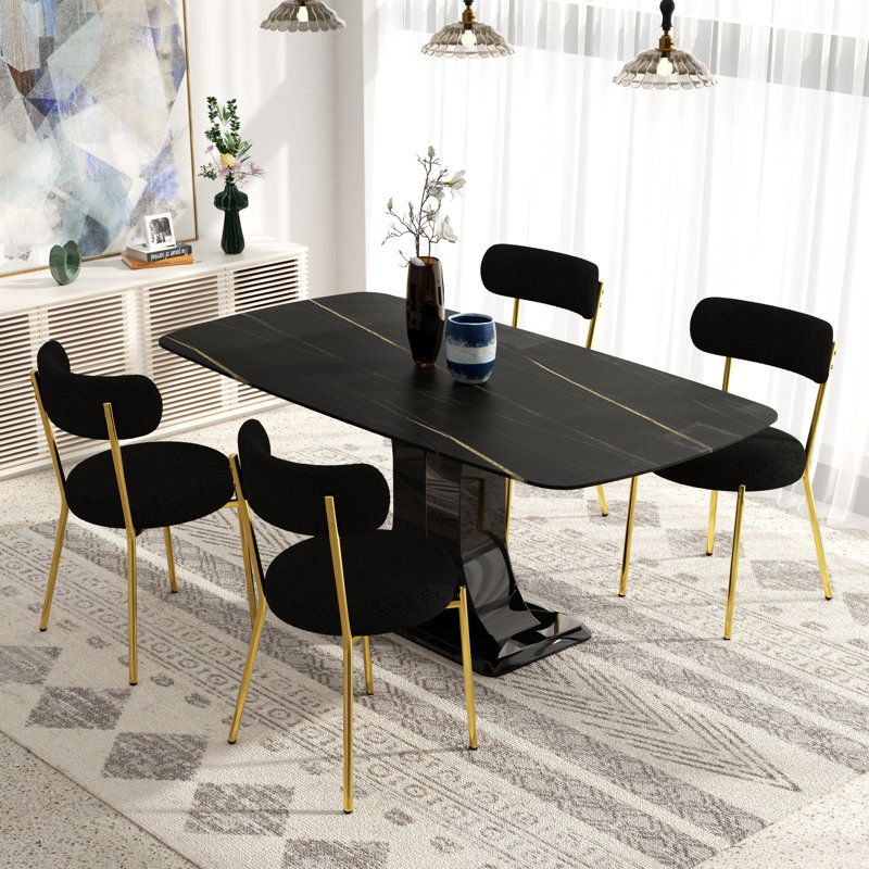 Ensemble de salle à manger rectangulaire moderne avec chaise Teddy, Or/noir, 5 pièces (table, 4 chaises), Blanc