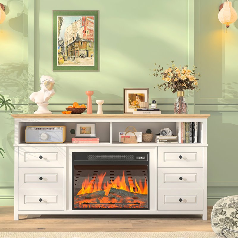 Farmhouse Fireplace TV Stand For Tvs Up To 65 Inch, LED Light Entertainment Center With Multifunctional Electric Fireplace, TV Console Cabinet With 3 Flame Effect & 6 Drawers For Living Room