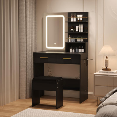 Modern Makeup Vanity Table with LED Lights, Sliding Mirror, 4 Drawers, Stool, Power Outlet, and Open Shelves – Bedroom Dressing Table with Adjustable