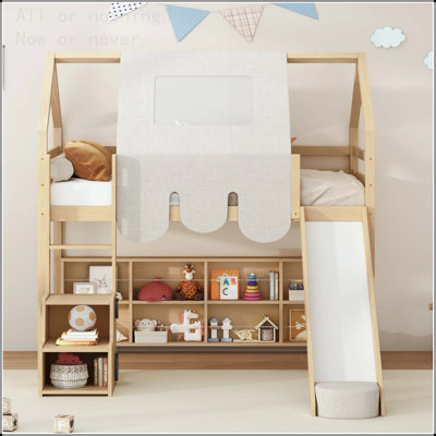 Twin Size Wooden Loft Bed with House Frame, Tent, Slide and Storage