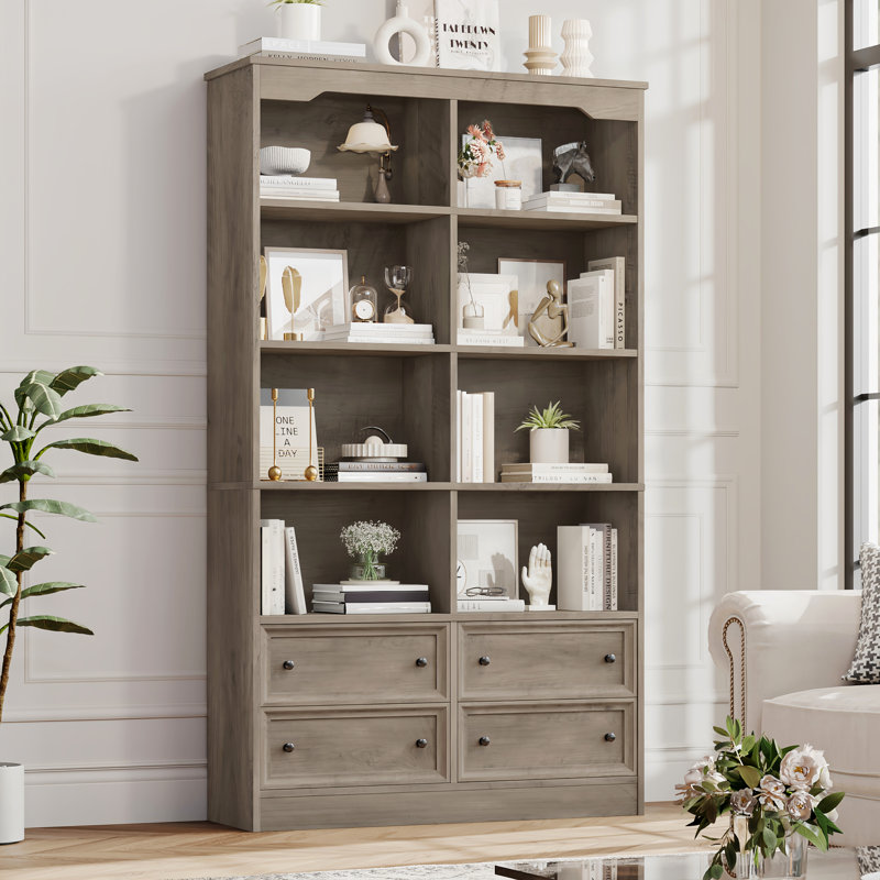 Kirklyn 6-Tier Standard Bookcase with 4 Drawers, Gray