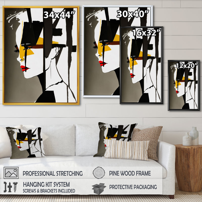 Street art profil en jaune et noir sur toile, H 44 po x l 34 po x P 1,5 po, Cadre flottant noir