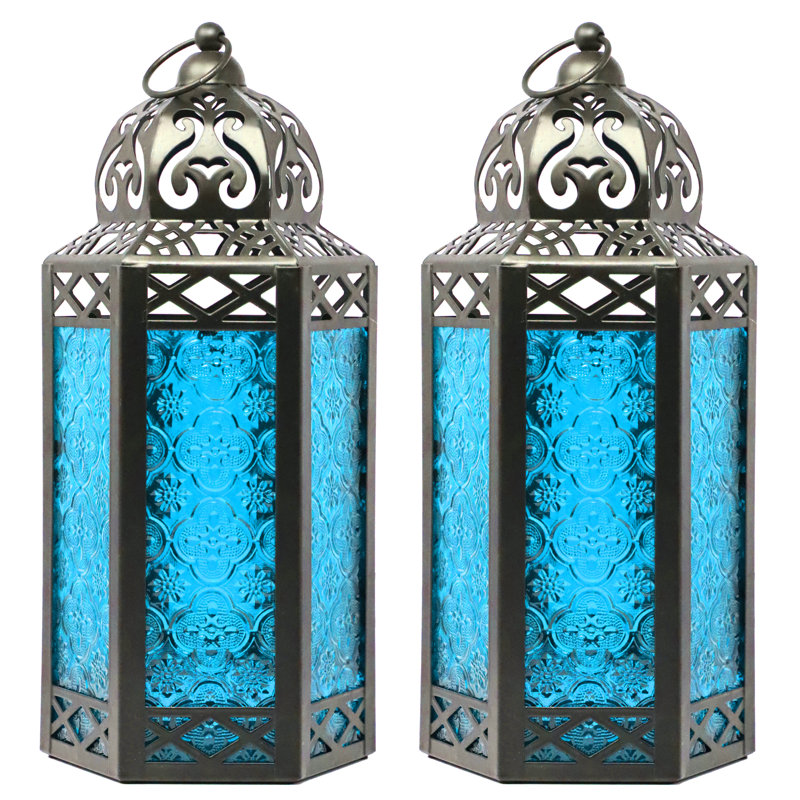 Moroccan Candle Lantern Decorative Candle Holder Lamp for Table or Hanging, Ramadan Decorations, Weddings, Indoor Home Decor, Outdoor Patio or Porch (Set of 2)