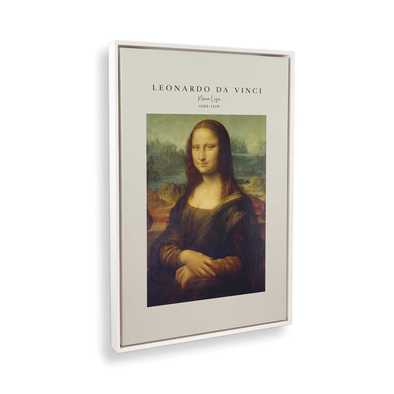 La Joconde de Léonard de Vinci v2, H 12,75 po x l 8,75 po x P 1,75 po, Cadre flottant blanc opaque