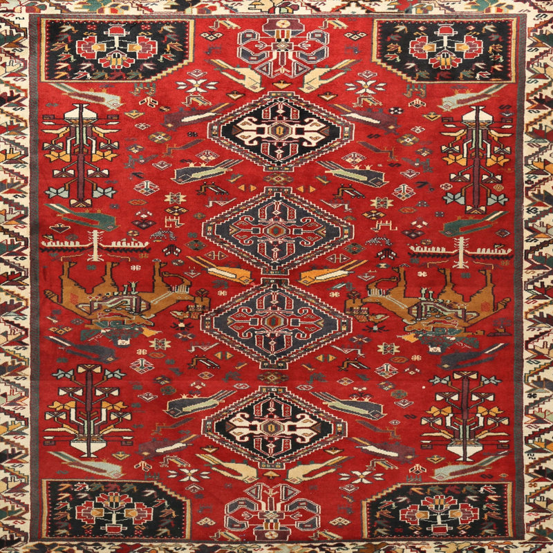 Tapis traditionnel rouge / beige / noir, Rond 7 pi