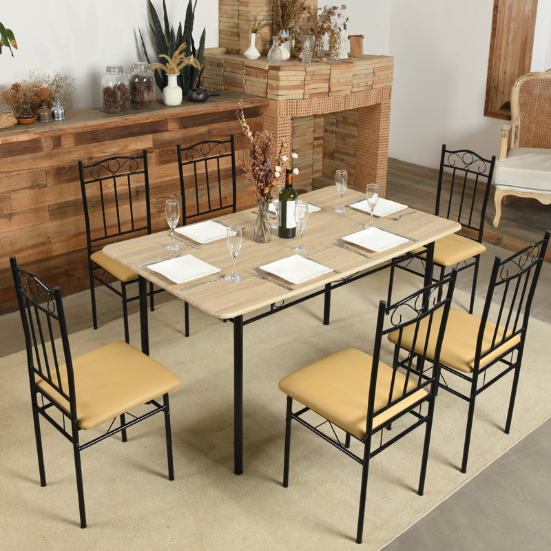 Flahiff 6-Piece Dining Table & Chairs Set - Table + 6 Padded Chairs | Rustic Brown MDF Finish | Indoor/Outdoor Use for Kitchen, Patio, or Dining Room