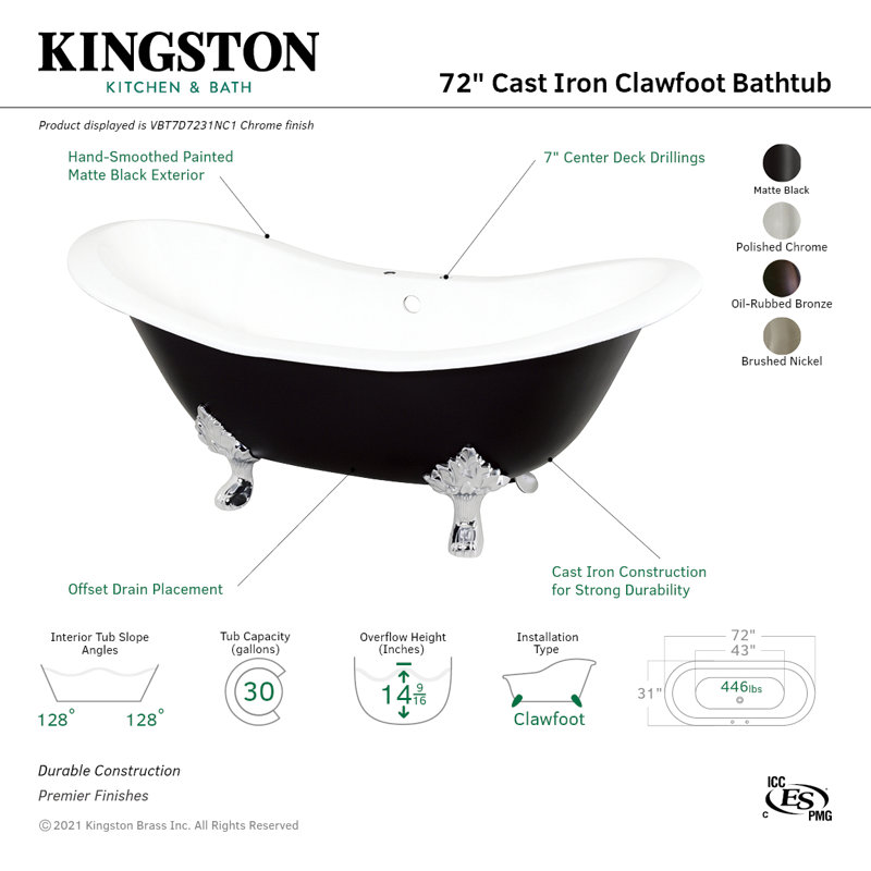 Aqua Eden 72" x 31" Clawfoot Soaking Cast Iron Bathtub, Black/White/Oil Rubbed Bronze