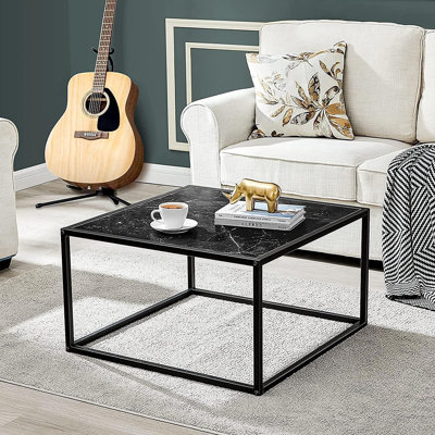 Table basse carrée noire avec plateau en faux marbre - petite table centrale moderne pour le salon ou le bureau personnel