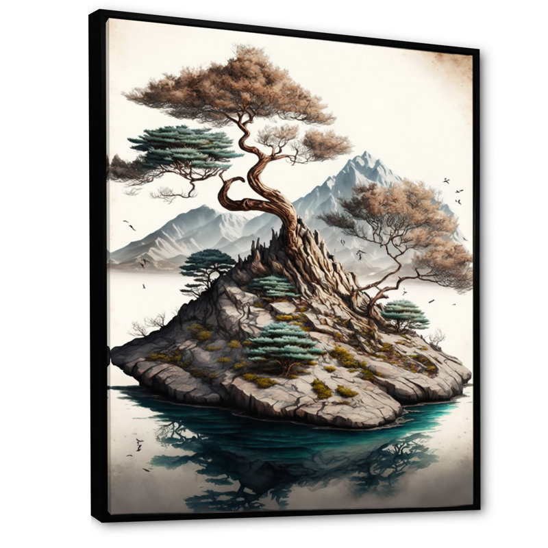 Bonsai Tree On A Rock I - Art mural moderne sur toile, L 16 po x H 32 po, Toile à cadre flottant noir