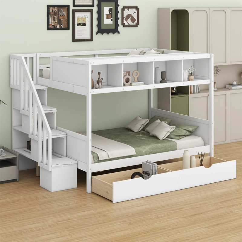 Lit superposé avec tablettes, escalier de rangement et 2 tiroirs, Blanc
