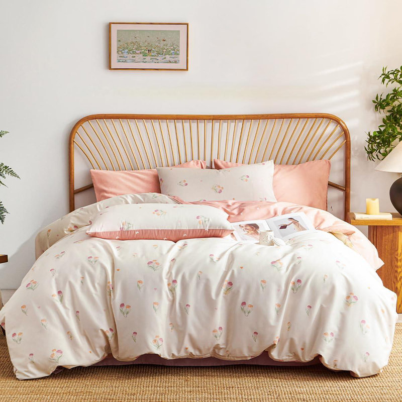 Pink Floral Duvet Cover Cotton Duvet Cover Set Flower Butterfly Comforter Cover Soft Breathable
