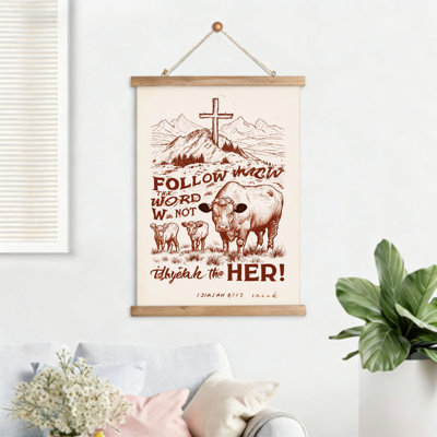 Décoration murale suspendue représentant une vache et une croix, 40 x 60 cm, avec crochet en bois intégré.