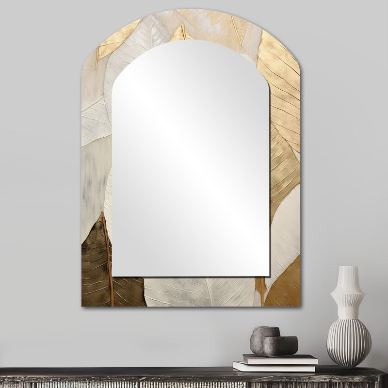 Gold Minimalism Leaves Collage III - Leaves Arch Large Wall Mirror, Gold Asymmetrical Decorative Mirror, Printed Metal Art