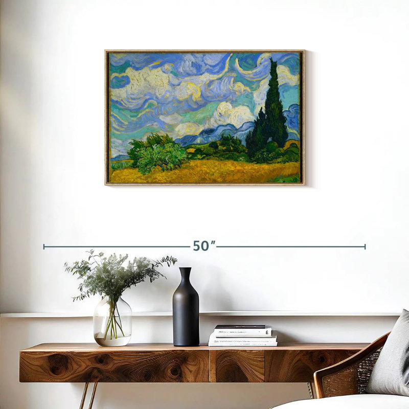 Champ de blé avec cyprès, Cadre flottant en bois naturel, 31 po x 21 po