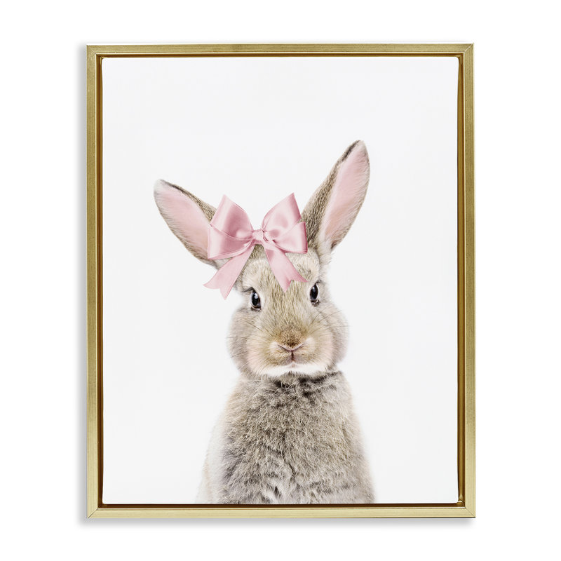 «Bunny with Pink Bow», art mural encadré par Sissi et Seb, Cadre flottant métallique doré, H 31 po x l 25 po