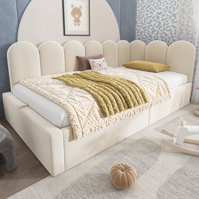 Élégant canapé-lit rembourré en velours beige avec repose-pieds et rangement hydraulique, structure à lattes en métal, convient aux adultes et aux enfants; Matelas non inclus