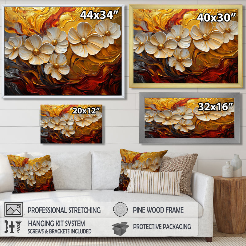 Fleurs rouges et dorées - Fleurs murales sauvages, H 12 po x l 20 po, Cadre flottant, Argent argent