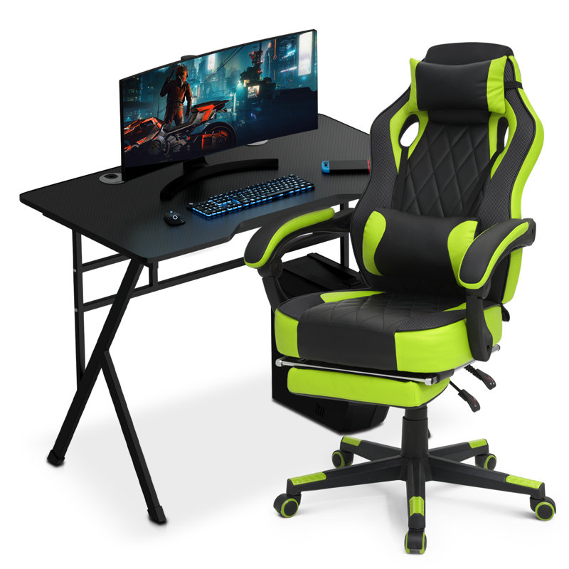 Bureau d'ordinateur et chaise de bureau rotative avec appui-tête, Citron vert / noir