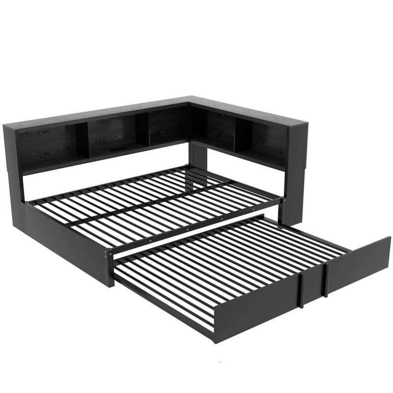 Lit de jour double en métal avec lit gigogne, armoires de rangement et ports USB, noir, Noir