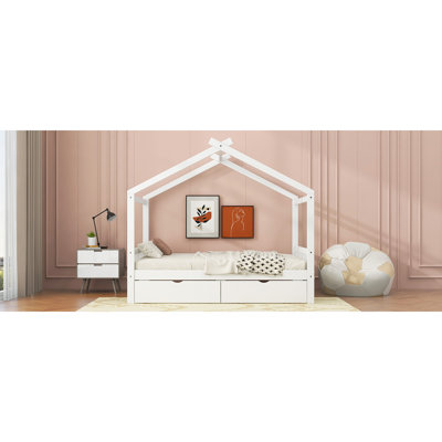 Lit plateforme House avec deux tiroirs, tête et pied de lit, toit