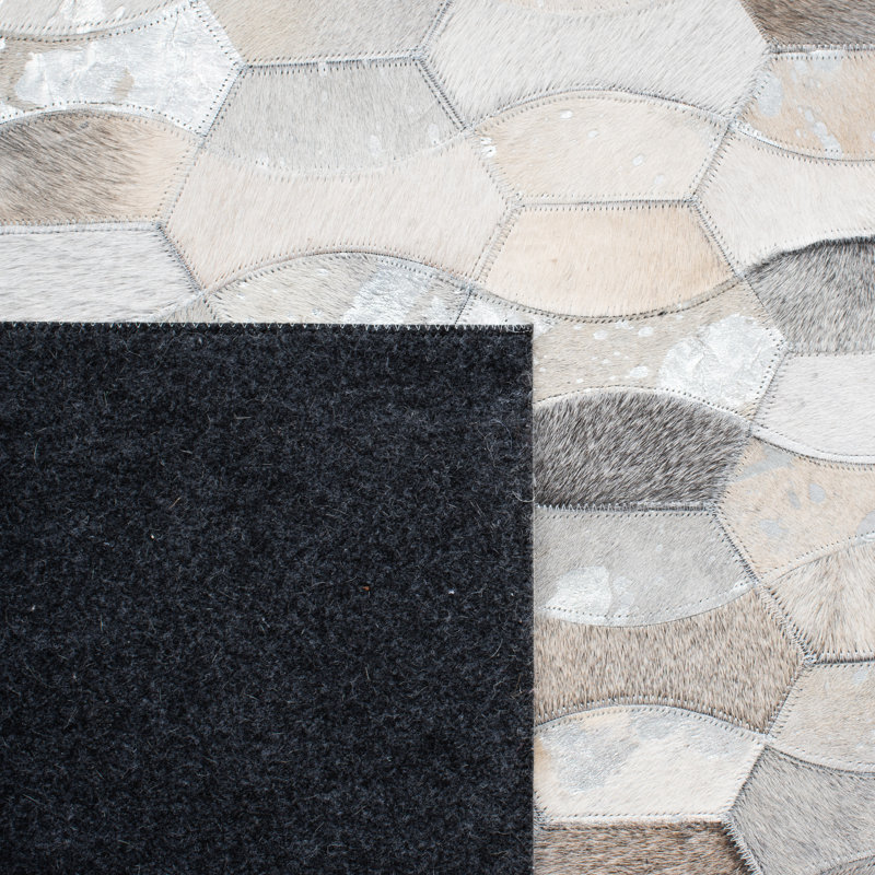 Ivory and Gray Geometric Handmade Cowhide Rug, 8' x 10'