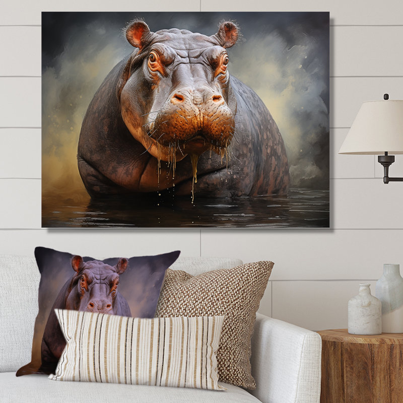 Gris majestueux, élégance hippopotame I - art mural hippopotame, H 16 po x l 32 po x P 1 po, Toile tendue