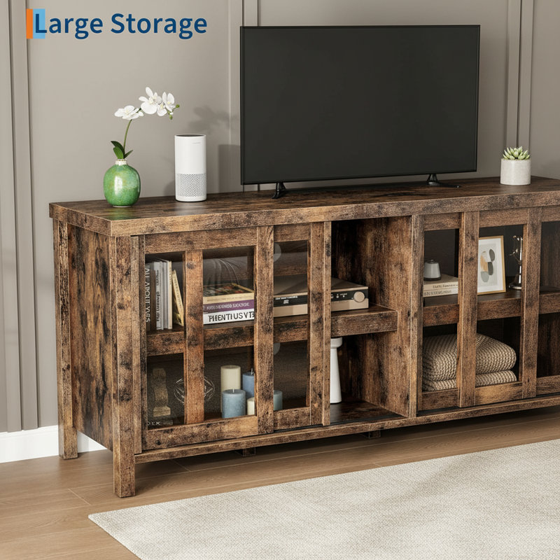 TV Stand, With 4 Sliding Glass Doors & Storage Cabinet, Retro Brown