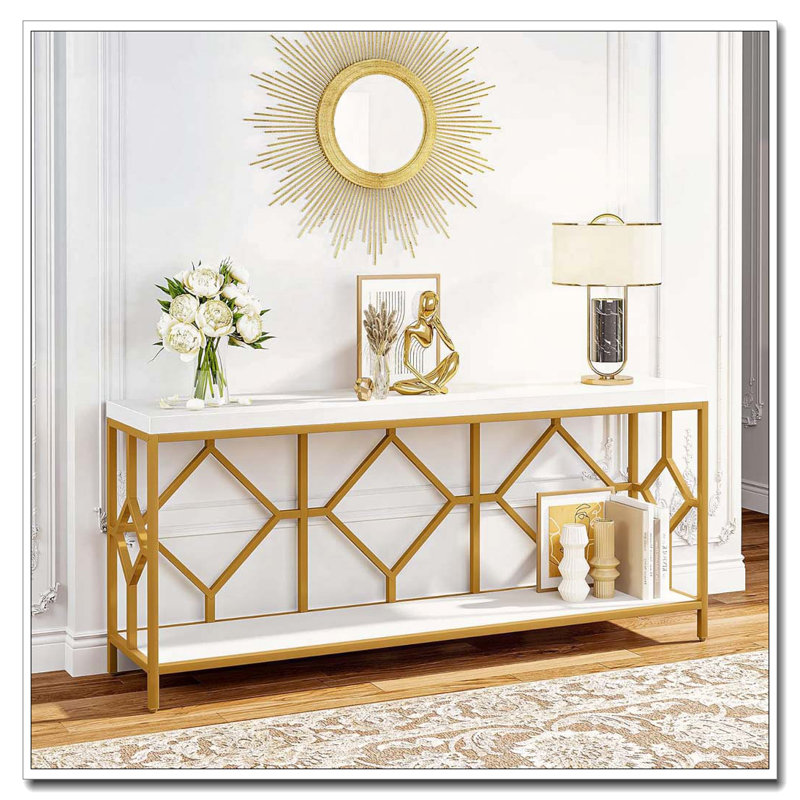Industrial Two-Tier Console Table with Diamond Pattern Metal Frame