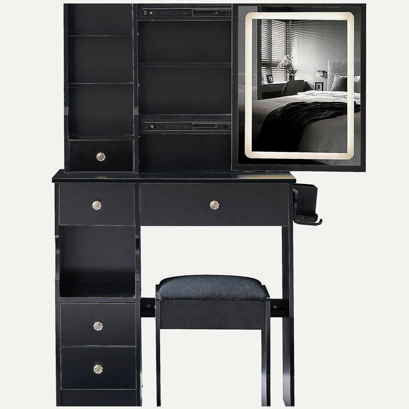 29.2" Small Size Left Drawer Desktop Vanity Table + Cushioned Stool, 2 AC+2 USB Power Station, Hair dryer bracket, Extra Large Touch Control Sliding LED Mirror, Tri-color Switching, Brightness Adjust