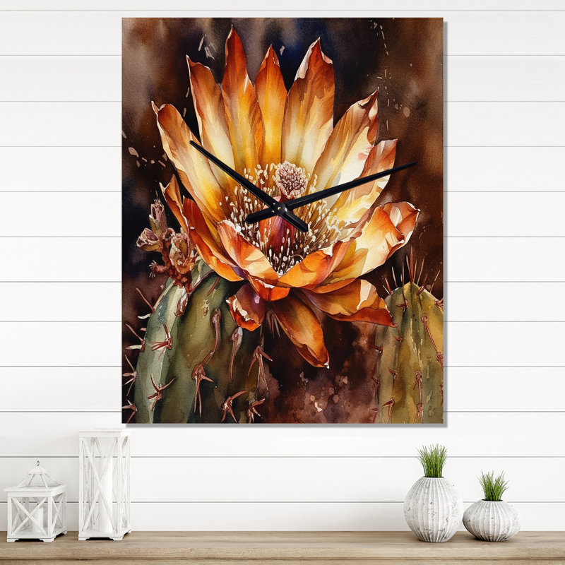 Horloge murale orange et verte Cactus Flower II - Floral Cactus, H 32 po x l 24 po x P 1 po
