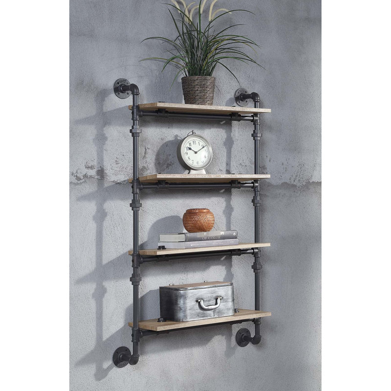 Water Pipe Style 4 Tier Wall Shelf In Oak Finish, For Stylish Home Storage And Decor, 23"L Shelf, 17" Package Width Decor Storage, 9"W 37 Lb Weight
