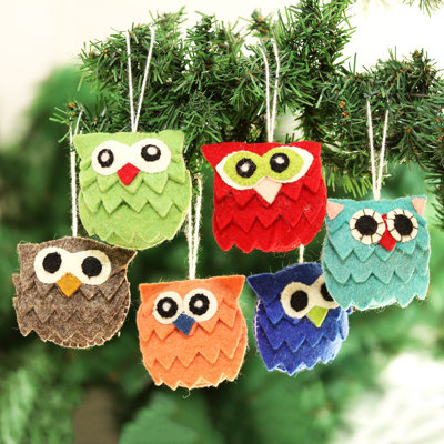Ensemble de 6 décorations de Noël en laine fabriquées à la main NOVICA Merry Hoots