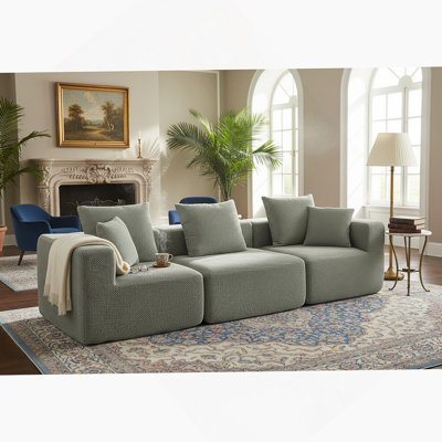 Modular 3-Seat Sectional Sofa, All-Foam Deep-Seat Couch With Plush Textured Chenille, Compressed Shipping & Tool-Free Setup, Low-Profile Design For Small Spaces, 111" W × 37" D × 23.6" H-Light Green