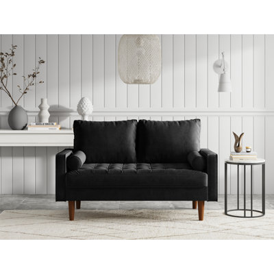 Brighton 58" Mid-Century Modern Velvet Loveseat, Tufted Square Arm Apartment Sofa with 2 Bolster Pillows