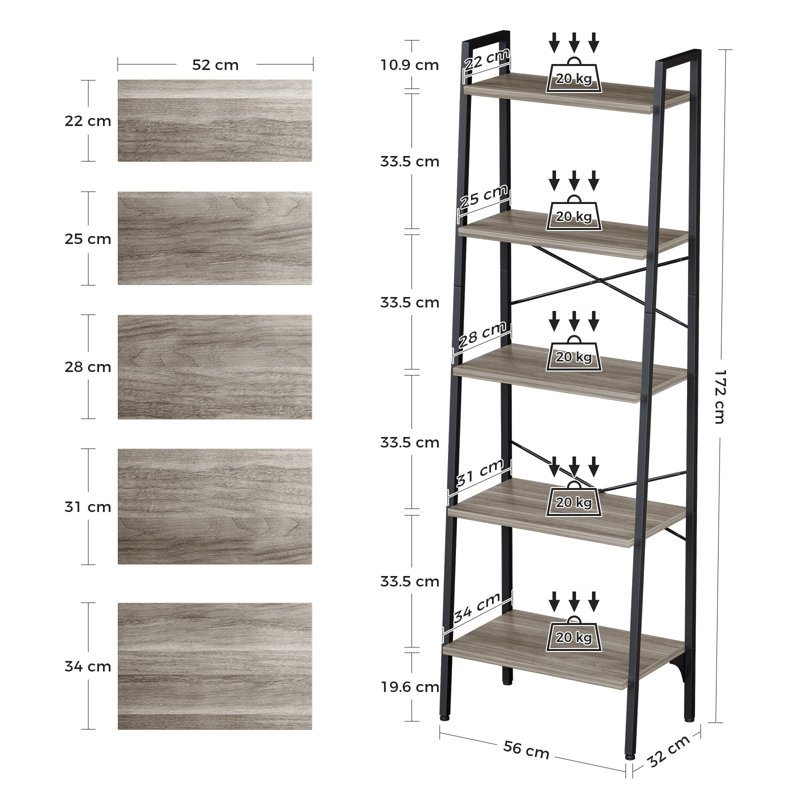 Ladder Shelf 172cm H x 56cm W Steel Ladder Bookcase, Grey