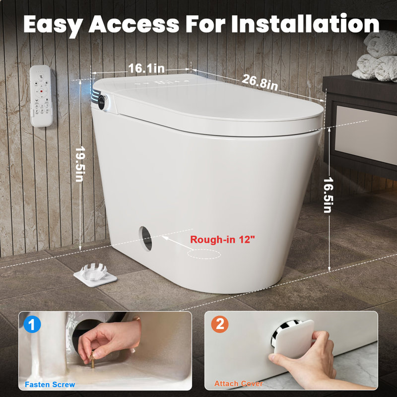 Toilettes intelligentes conformes aux normes ADA avec réservoir intégré, chasse d'eau automatique assistée par pompe de 1,06 gallons, couvercle d'ouverture/fermeture automatique, siège chauffant, bidet à eau chaude, séchoir à air et télécommande