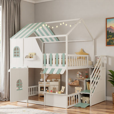 Wooden House Bunk Bed With Storage Staircase, Open Storage Platforms, Additional Shelf, Roof, Cute Windows And Center Door