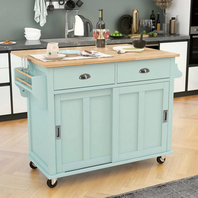 Chariot de cuisine avec comptoir à abattants en bois d'hévéa, porte de grange coulissante dissimulée à hauteur réglable, îlot de cuisine sur 4 roulettes avec armoire de rangement et 2 tiroirs, L 52,2 x l 30,5 x H 36,6 po