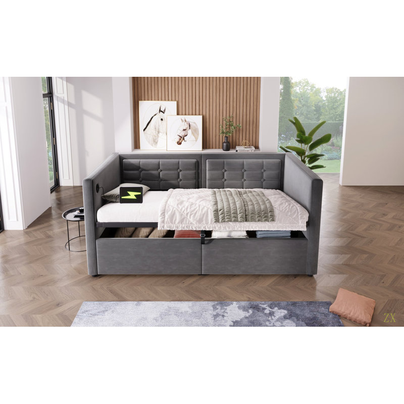 Upholstered Twin Size Daybed, Hydraulic Storage Twin Bed Frame With USB & Type-C Charging, Bed Frame With Wooden Slats And Tufted Sofa Back, Velvet (Without Mattress)