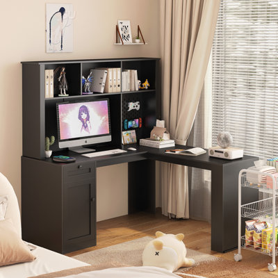 L-Shaped Desk With Charger, Computer Desk With Drawers And Bookshelf, Modern Corner Desk For Home Office, Carbon Fiber Gaming Computer Desk With Storage
