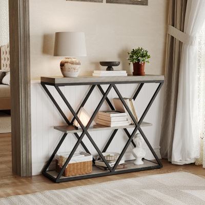 Console industrielle à 3 niveaux - Canapé étroit avec tablettes de rangement ouvertes - Structure en métal en forme de X - Salon, entrée, ensemble de meubles d'appoint - gris